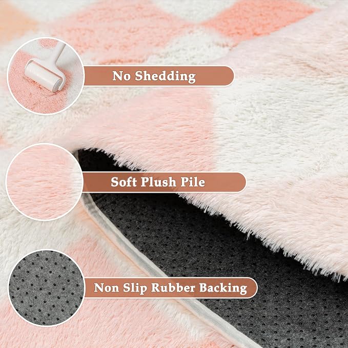 PureCozy Checkered Rug 5x8 Fluffy Shag Living Room Pink Area Rug Modern Washable Carpet Soft Shaggy Non Slip Indoor Plush Fuzzy Rugs for Bedroom Dorm Office Home Aesthetic Decor