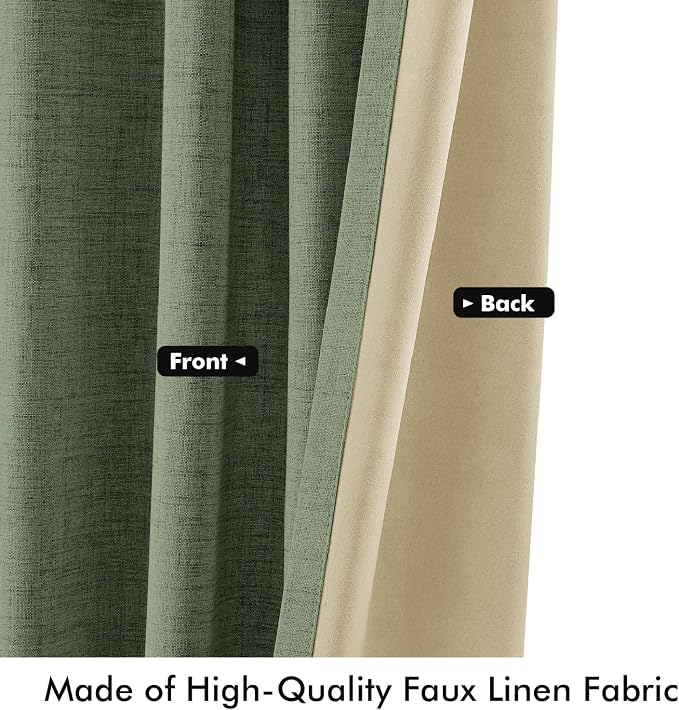 MIULEE 100% Blackout Linen Curtains for Bedroom, Olive Green Solid Luxury Decor Thermal Insulation Room Darkening Drapes for Living Room Back Tab Rod Pocket 42 x 72 Inches, 2 Panels
