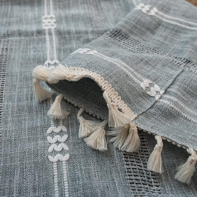Boho Embroidery Striped Farmhouse Curtains - 96 Inch Long, 2 Panel Set, Blue Linen, Tassel, Semi-Blackout, Living Room (52" W x 96" L)