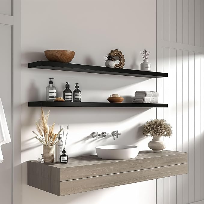 YYWUOJJ Wood Floating Shelves for Wall Decor, Rustic Wall Shelves for Bedroom Bathroom Kitchen Living Room, Set of 4 Black 48 Inch