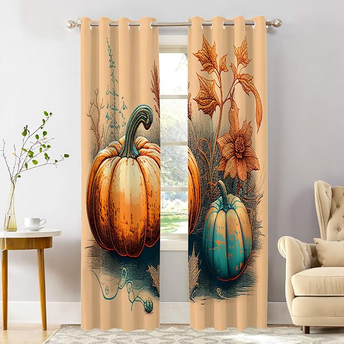 Shrahala Autumn Pumpkin Harvest Blackout Window Curtains, Abstract Art Hand Painting Flowers Grass Thermal Insulated Curtains Grommet Top Window Drapes for Living Room, Bedroom (2 Panels, 52 x 84 in)