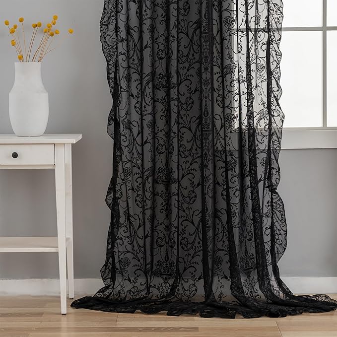 TUDECO Black Gothic Curtains for Bedroom -Whimsy Sheer Lace Curtains 72 Inch Length, Vintage Floral Moody Privacy Rod Pocket Light Flitering Lace Drapes 2 Panels, 59W x 72L Inch