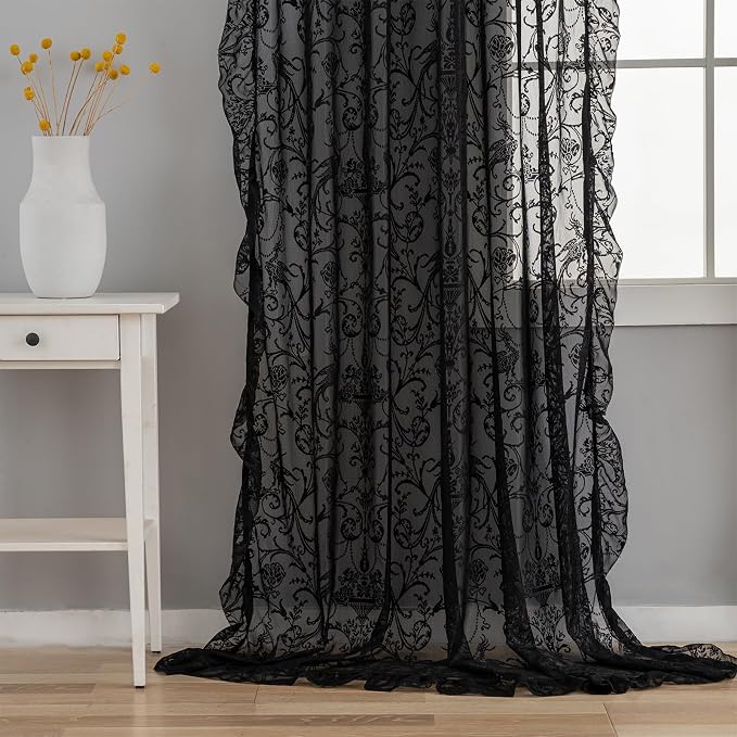 TUDECO Black Sheer Curtains 84 Inches Long - Shabby Chic Knitted Floral Lace Curtains Privacy Goth/Witchy Dark Window Treatments for Living Room Rod Pocket French Decor 1 Pair, 59 x 84 Inch