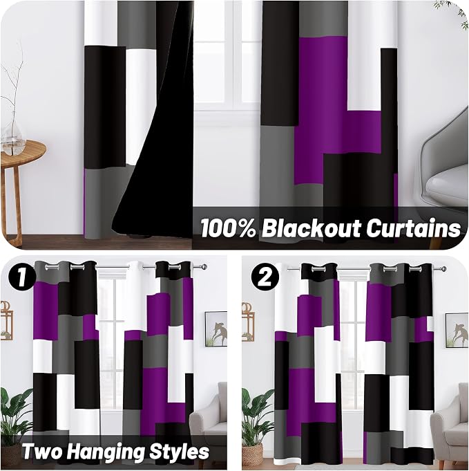 Tyrot Purple 100% Blackout Curtains for Bedroom 84 inch Length 2 Panels Set Grey Modern Abstract Geometric Black Out Curtains Insulated Room Darkening Window Drapes for Living Room, 42Wx84L