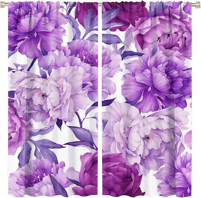 Floral Blackout Window Curtain Purple Blooming Flowers Style Print for Home Kitchen Restaurant Decoration Drapes 2 Panels 63x63in