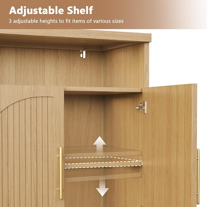 Fluted Buffet Cabinet with Storage, 31.5" Wide Wood Sideboard Credenza with Open Storage Shelf & Adjustable Shelves, Modern Kitchen Entryway Accent Table for Dining Room Living Room Hallway, Oak