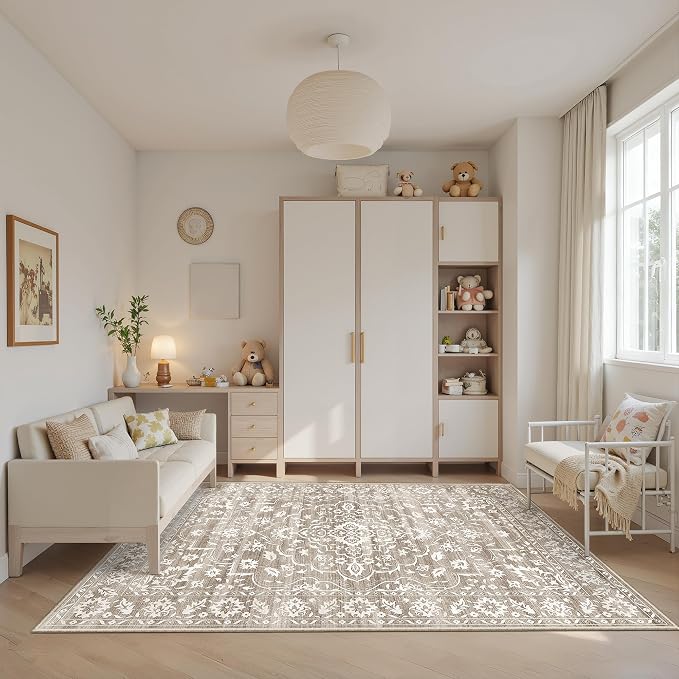 Soalmost 6x9 Area Rugs for Living Room, Washable Neutral Rug Light Brown | Vintage Floral Soft Stain Resistant Non-Slip Low Pile Thin Carpet for Dining Room Bedroom Kitchen Home Office Nursery 6'x9'