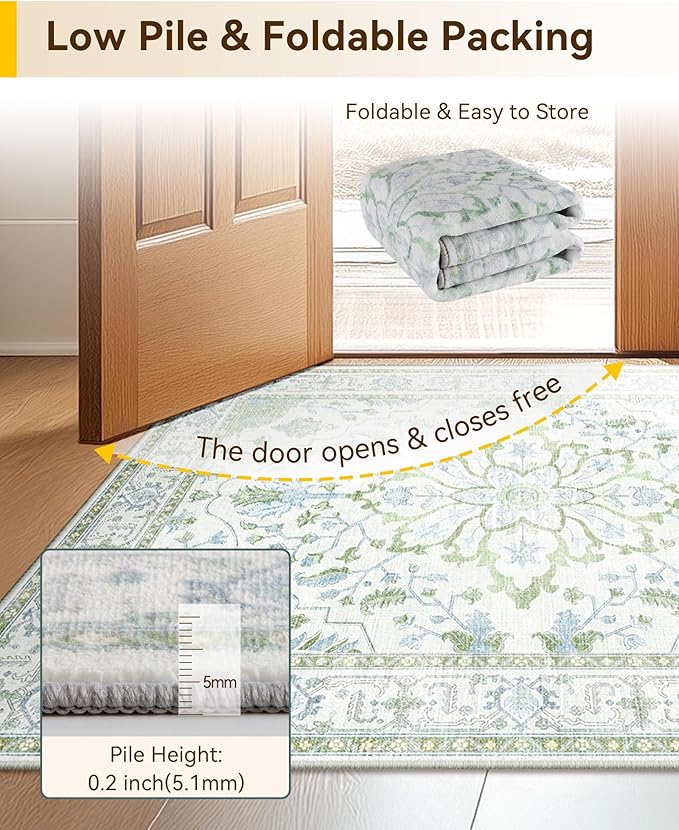 RELEANY Area Rugs Small 2'6"x4' Washable Non-Slip, Floral Vintage Distress Medallion Carpet for Kitchen Entryway Bathroom, Green White Blue
