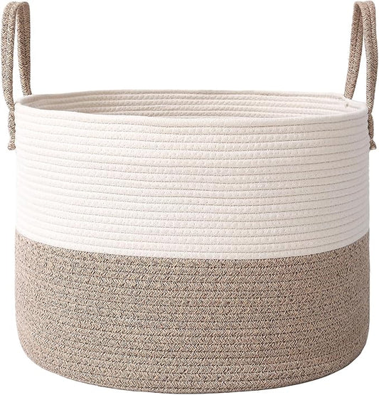 JMvicyroam 115L Extra Large Blanket Basket for Living Room - Woven Cotton Rope Laundry Hamper with Reinforced Handles - Storage Bin for Pillows, Comforters & Toys - Machine Washable,White&Brown