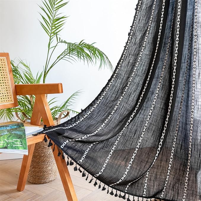 RoomTalks Black Boho Farmhouse Curtains for Bedroom Living Room 63 Inch Length 2 Panles, French Country Halloween Gothic Cute Textured Window Curtain Panels Bohemian Vintage Tassel Draperies