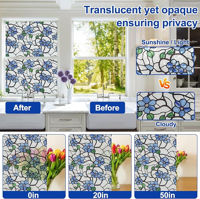 QHY Sunshine Privacy Window Film with Installation Tool Decorative Stained Glass Window Stickers Reusable Window Film (Indigo Frosted, 23.6 x 78.7)