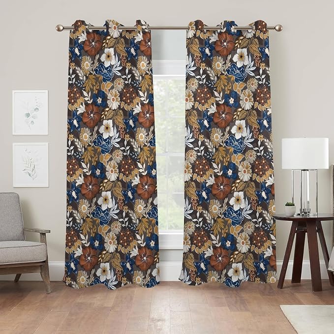 Renaiss Bohemian Floral Blackout Curtains, Blue Brown White Flower Thermal Insulated Bedroom Window Curtains, Boho Style Patterned Window Curtains for Kitchen, 63" L x 53" W 2 Panel Set