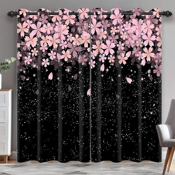 Renaiss Pink Cherry Patels Blackout Curtains, Japanese Cherry Flowers Thermal Insulated Bedroom Window Curtains, Black Floral Bossom Window Drapes for Living Room, 96" L x 42" W 2 Panel Set
