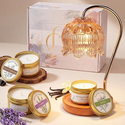 Funistree Candle Warmer Lamp Gift Set with 3 Jar Candles & Gift Box, Gifts for Women Mothers Day Birthday, Mom Sister Friend Gift, Lavender, Vanilla, Ebony, 2 Bulbs