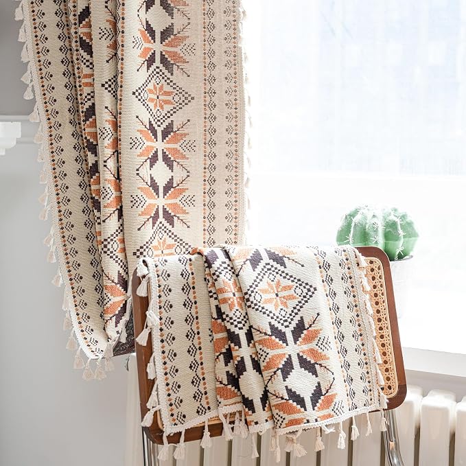 Boho Curtains 63 Inch Length 2 Panels Geometric Patterned Drapes Bohemian Semi Sheer Rod Pocket Tassel Short Window Curtain Panels for Bedroom Living Room Farmhouse Coffee Brown Vintage Rustic Curtain