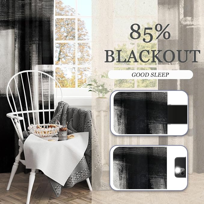 Boho Black and Grey Abstract Blackout Curtains, Retro Rustic Gray Neutral Contemporary Modern Geometric Darkening Thermal Insulated Grommet Light Blocking Drape Decor, 52 x 84 Inch Long 2 Panels