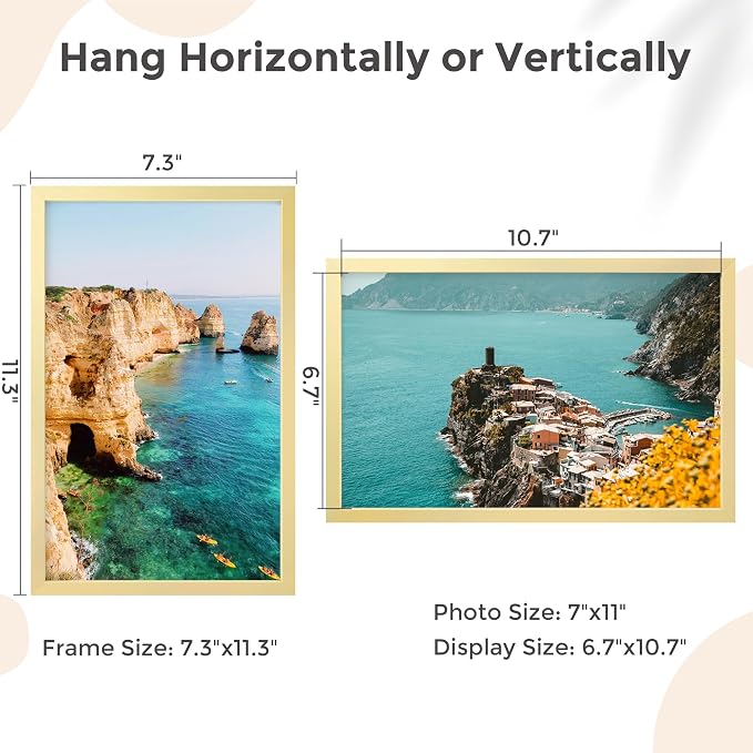 FLYJOE 7x11 Metal Picture Frame - Gold Aluminum Picture Frames with Real Glass, Wall Mounting Horizontally or Vertically, Simple and Elegant Decor for Wall Gallery Poster Photo 11x7 Frame, Gold