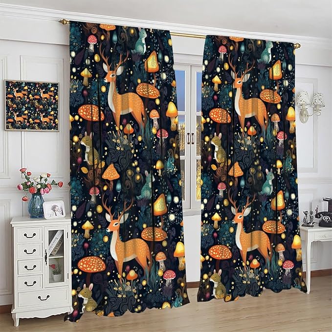Fantasy Plant Semi Sheer Curtains,Cute Woodland Deer Forest Animal Floral Mushroom Print Window Treatments for Bedroom Living Room Study Window Drapes 2 Panels Set,Total Size 42 x 45 Inch