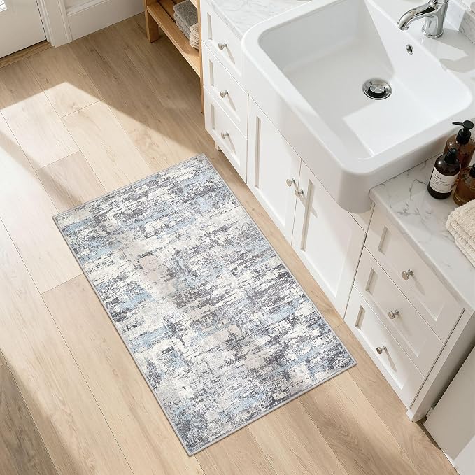 Washable Area Rugs: 2x3 Abstract Modern Soft Stain Resistant Non-Slip Backing for Living Room Entryway Bedroom Nursery - Blue Grey