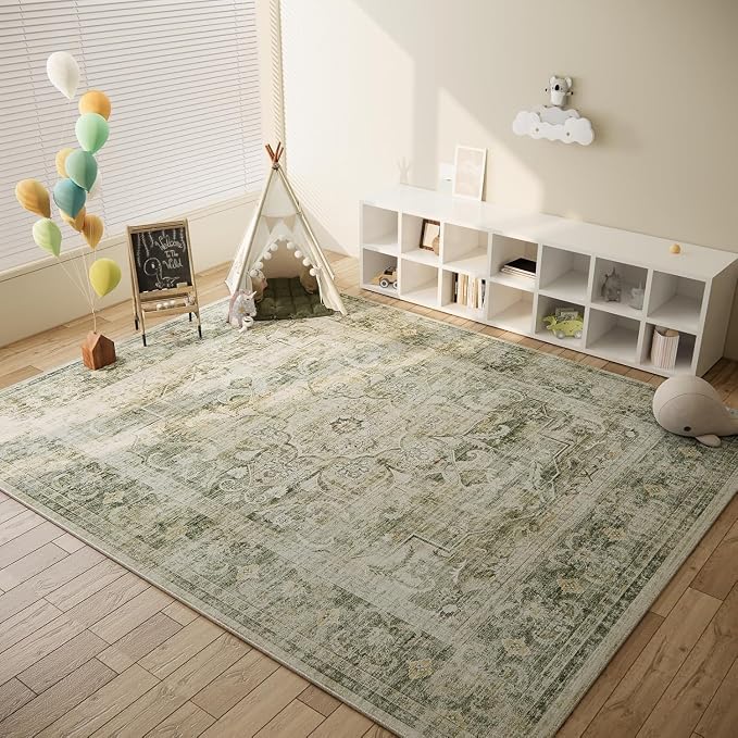 10x14 Area Rugs for Living Room: Large Washable Rug Non Slip Low Pile Soft Faux Wool Non Shedding Distressed Lightweight Vintage Boho Carpet for Bedroom Dining Room Kids Playroom Nursery Farmhouse
