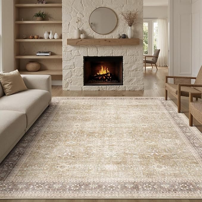 DCX Beige and Taupe 8x10 Rug, Kid & Pet Friendly with Rubber Back Non Slip, Machine Washable Stain Resistant Vintage Traditional Distressed Carpet, Rug for Living Room, Bedroom, Neutral Home Decor