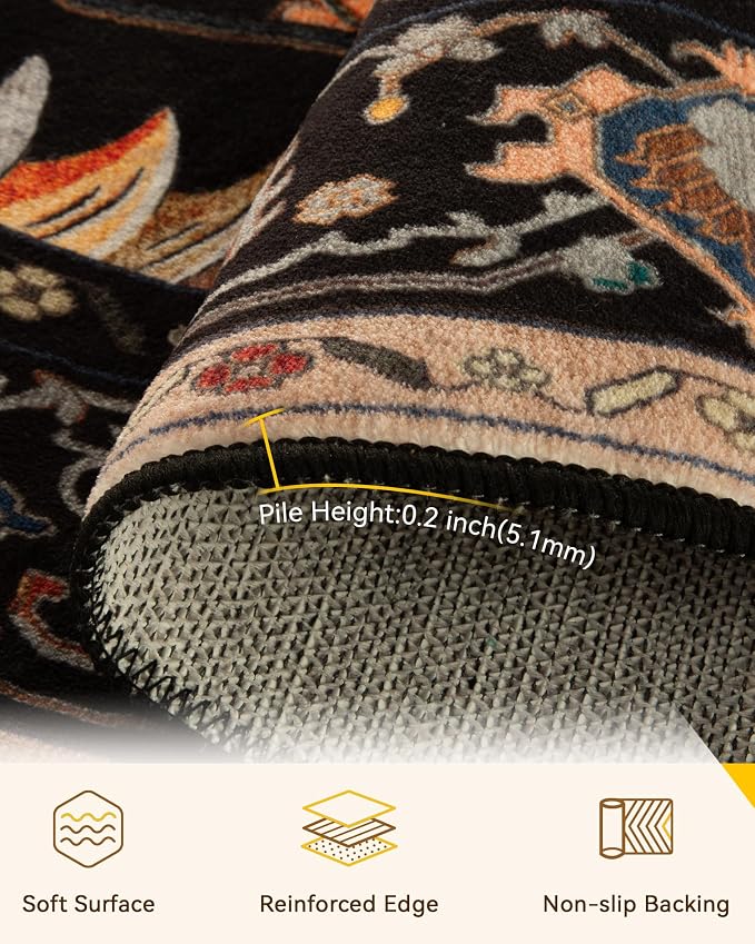 RELEANY Area Rugs Round 7ft Washable Non-Slip, Floral Vintage Distress Medallion Carpet for Living Room Bedroom Dining Room, Black Colorful Floral Dark Tan