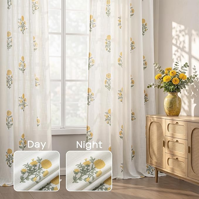 Yellow Floral Spring Curtains for Living Room, 84 Inch Flower Patterned Linen Semi Sheer Light Filtering Pinch Pleated Drapes, Mustard Yellow Green Pastel Window Panels for Bedroom Dining Room, 84" L