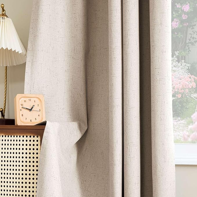H.VERSAILTEX Linen Look 100% Blackout Curtains 84 Inches Long for Bedroom Full Light Blocking Rod Pocket 42 Inches Wide Linen Textured Thick Window Curtain Drapes with White Backing, Natural, 2 Panels