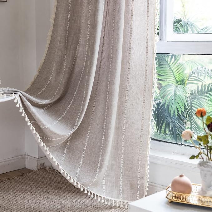 RoomTalks Country Farmhouse Cotton Polyester Curtains for Bedroom Living Room 63 Inch Length Light Filtering Boho Chic Cabin Rustic Window Curtain Panels with Tassels Striped Bohemian Draperies