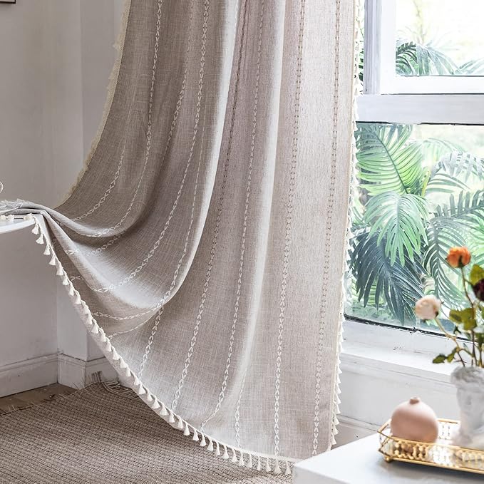 RoomTalks Boho Farmhouse Curtains for Bedroom Living Room 72 Inch Length 2 Panels in Tan French Cabin Rustic Country Cute Cotton Polyester Window Curtain Panels Bohemian Chic Tassel Draperies