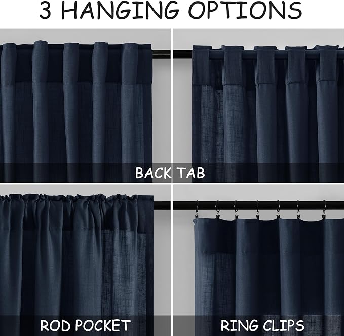 Nanspring Navy Blue Curtains 80 Inches Length for Living Room Back Tab Rod Pocket Semi Sheer Linen Drapes Muted Neutral Boho Indigo Blue Linen Textured Window Curtain for Dining Room 52X80 Inch