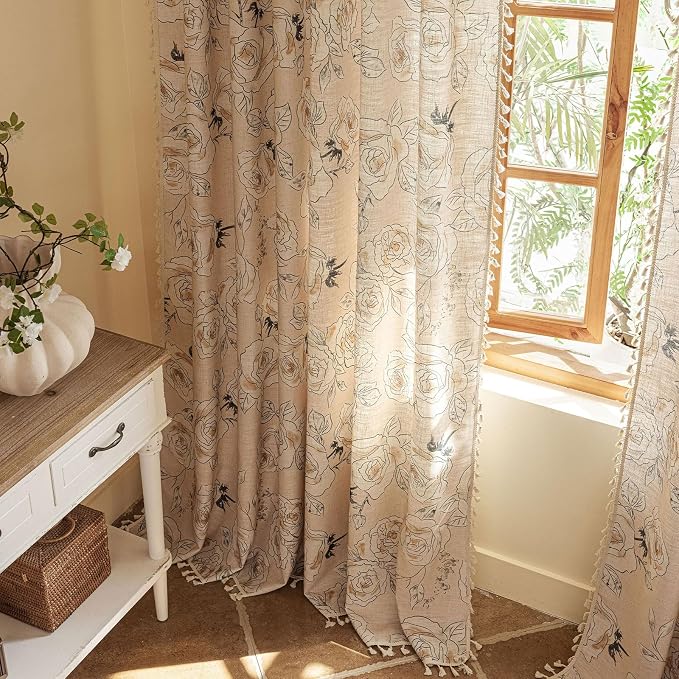Boho Rose Floral Curtains 84 Inch Long 2 panels, French Vintage Farmhouse Patterned Decor Window Drapes With Tassels, Girls Semi-Sheer Light Filtering For Bedroom Living Room (Rod Pocket, 52Wx84L)