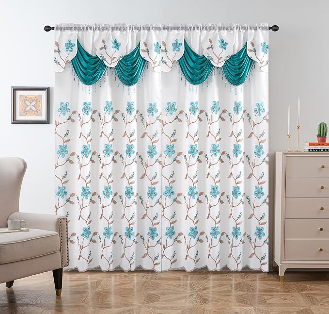 Petrichor Embroidered Sheer Curtain 2 Panels Set - Luxury Window Curtain Attached Valance with Satin Backing and 2 Tie Backs for Living Room,Dining Room, 54x95 inches, Turquoise