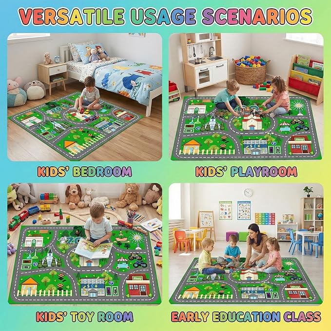 Car Rug Play Mat - Green Road Rug for Kids Boys Room, Fun Race Track Traffic Road Carpet for Boys Playmat Educational Learn, Car Carpet for Kids Room Decor Playmat Bedroom Playroom, 2.5x4 Feet