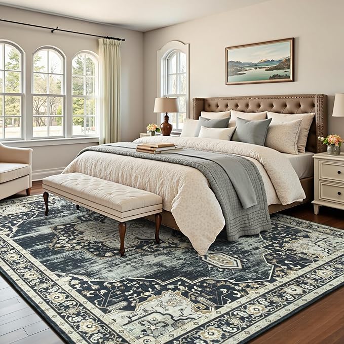 Lofus 8x10 Washable Rugs Non-Slip, Vintage Floral Area Rug for Living Room Bedroom Dining Room Kitchen, Low Pile Distress Print Medallion Carpet Home Decor Rug, Black Beige