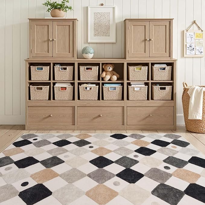 jinchan Macy 4x6 Area Rug for Kids Room Black and White Modern Colorful Checkered Diamond Nursery Rug Indoor Washable Soft Non Slip Carpet for Playroom Classroom Bedroom Living Room Marble on Cream