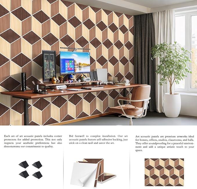 12Pack Acoustic Panels, Self-Adhesive Sound Proof Panels for Walls, Decorative Wood Grain Printing Sound Dampening Panels Sound Absorption Tile for Studio, Office, Home, 12×12×0.4", Dark Walnut Grain