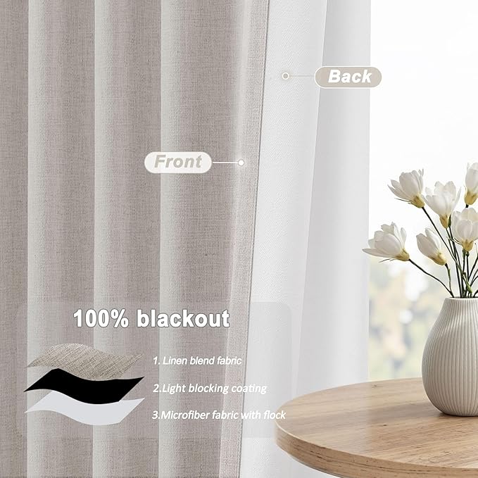 UHITECH Black Out Curtains 60 Inch Long for Bedroom 2 Panels Set Linen Textured Thermal Natural Curtain for Living Room Darkening for Small Windows Rod Pocket Modern Shower Drapes for Bathroom