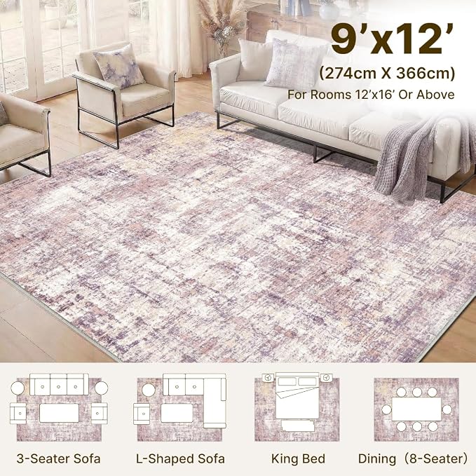 9x12 Area Rugs Washable Living Room Rug-No Slip Soft Carpets Modern Abstract Indoor Floor Stain Resistant Large Carpet for Bedroom Dining Room Farmhouse Nursery Home Office Pink