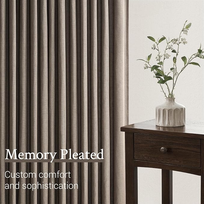 95 Inches Long Pleated Sheer Curtains,Dark Linen Blended Light Filtering Window Curtains 95 Length 2 Panels for Living Room Bedroom Pinch Pleat Drapes with Hooks 2 Panels 40" Wx95 L,Light Brown