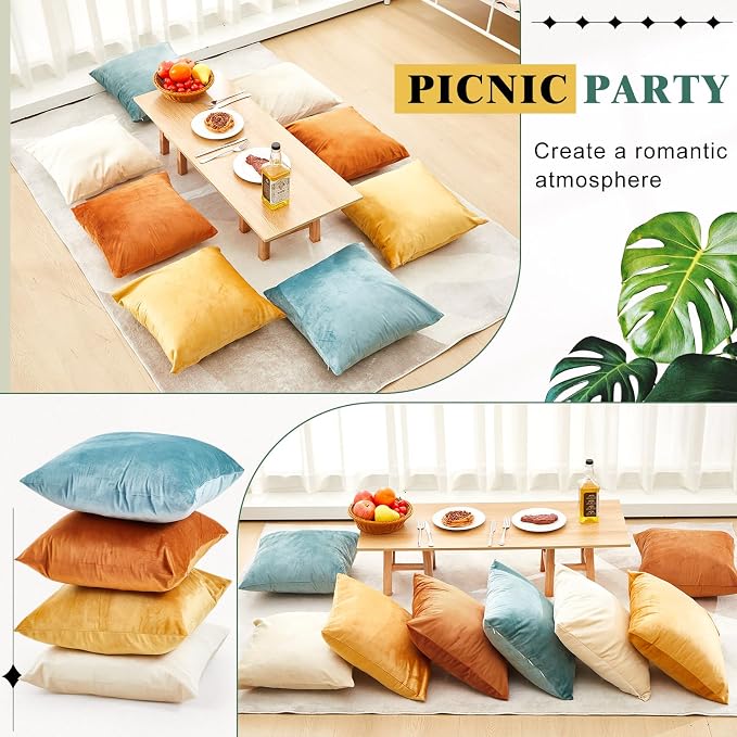 Berlune 8 Pcs Blue and Orange Velvet Throw Pillow Covers 18" x 18" Decorative Boho Cushion Cases Soft Pillowcase for Summer Farmhouse Couch Sofa Bed Home Decor, No Inserts