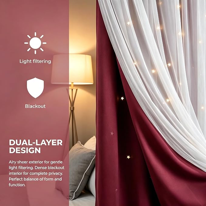 Star Cutout Blackout Curtains Double Layer Curtains with Durable Sheer Curtains for Bedroom Thermal Insulated Window Treatment Set with 2 Free Tiebacks (52Wx72L 2 Panels Red)