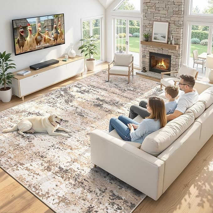 8x10 Area Rugs for Living Room: Washable Abstract Neutral Rug Large Modern Soft Non Slip Low Pile Rugs Floor Indoor Stain Resistant Carpet for Bedroom Dining Room Home Office (Light Brown, 8'x10')
