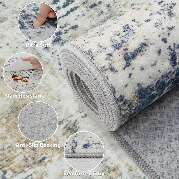 Washable Rug 6x9 Area Rugs: Soft Large Living Room Rug with Anti-Slip Backing Non-Shedding Stain-Resistant Modern Abstract Carpet for Bedroom Dining Room Nursery Home Office Blue Brown
