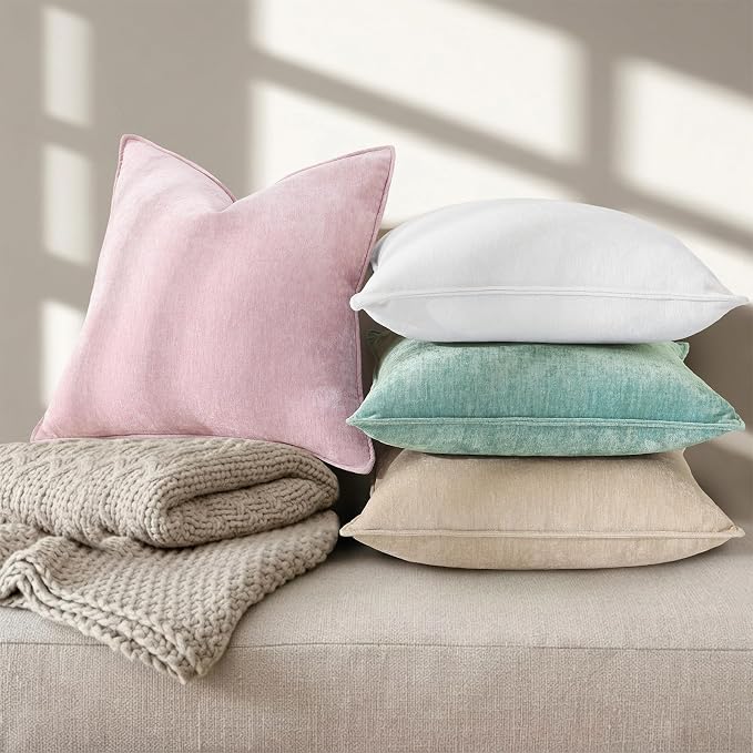 decorUhome Fall Couch Euro Sham Throw Pillow Covers 24x24 Set of 2, Decorative Soft Velvet Modern Cozy Chenille Pillow Cases with Elegant Design for Sofa Bed Living Room Home Decor, Cream White