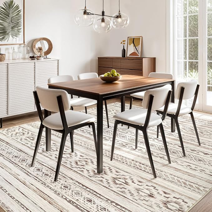cotiled 10x12 Area Rugs Living Room Rug: Washable Boho Rugs with Non Slip Backing Large Soft Indoor Stain Resistant Carpet for Bedroom Farmhouse Dining Room Lightweight Home Decor Cream Brown