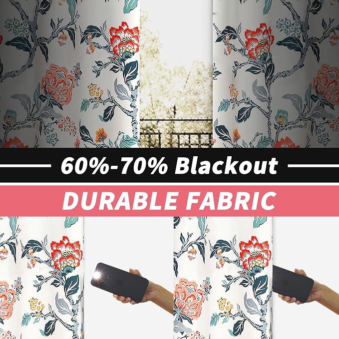 DriftAway Ada Floral Botanical Print Flower Leaf Lined Thermal Insulated Room Darkening Blackout Window Curtains 2 Layers Set of 2 Panels Each 52 Inch by 72 Inch Ivory Orange Teal