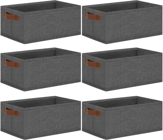 GhvyenntteS Small Fabric Storage Bins 6 Pack, 11.8" x 7.87" x 5.11" Storage Basket with Leather Handles, Closet Storage Bins for Shelves, Storage Baskets for Shelves, DVD Storage (Grey)