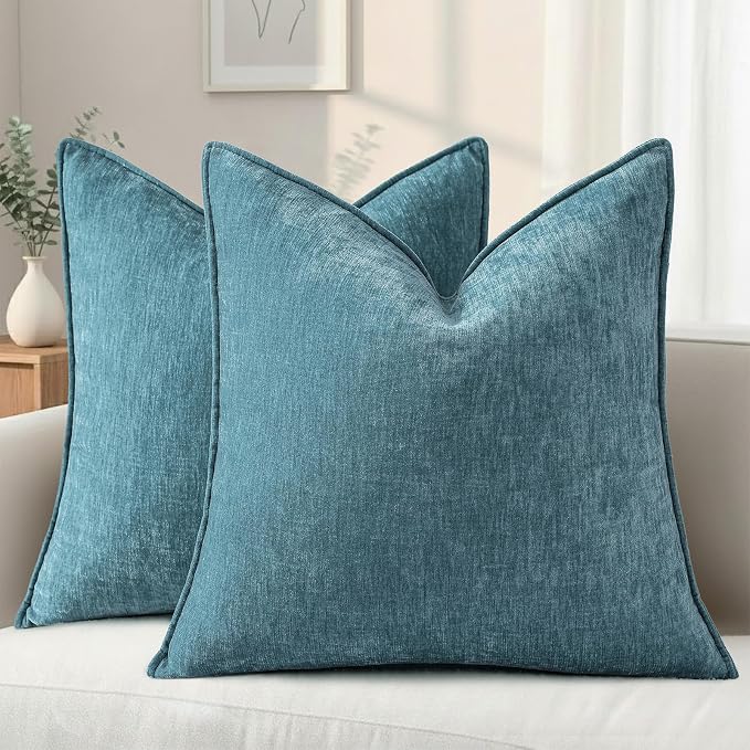 decorUhome Fall Couch Euro Sham Throw Pillow Covers 22x22 Set of 2, Decorative Soft Velvet Modern Cozy Chenille Pillow Cases with Elegant Design for Sofa Bed Living Room Home Decor, Teal