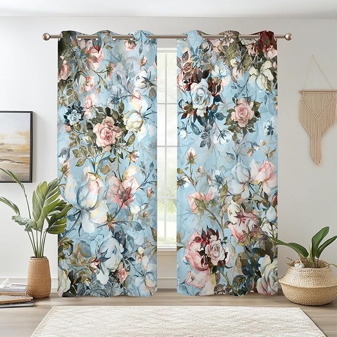 Renaiss Blue Rose Floral Blackout Curtains, Light Blue Watercolor Flowers Blossom Bedroom Window Curtains, Vintage Grommet Curtains for Kitchen 29W x 55L 2 Panels Set